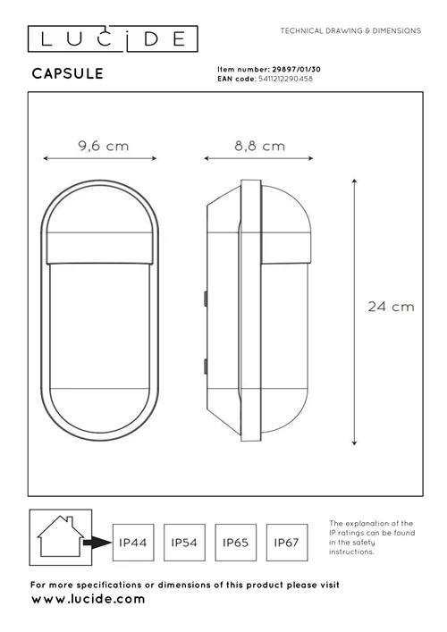 Lucide CAPSULE - Applique murale Intérieur/Extérieur - 1xE27 - IP54 - Noir - technique